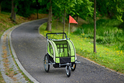 Przyczepka rowerowa z amortyzatorem 2-osobowa +JOGGER zielona + gratis